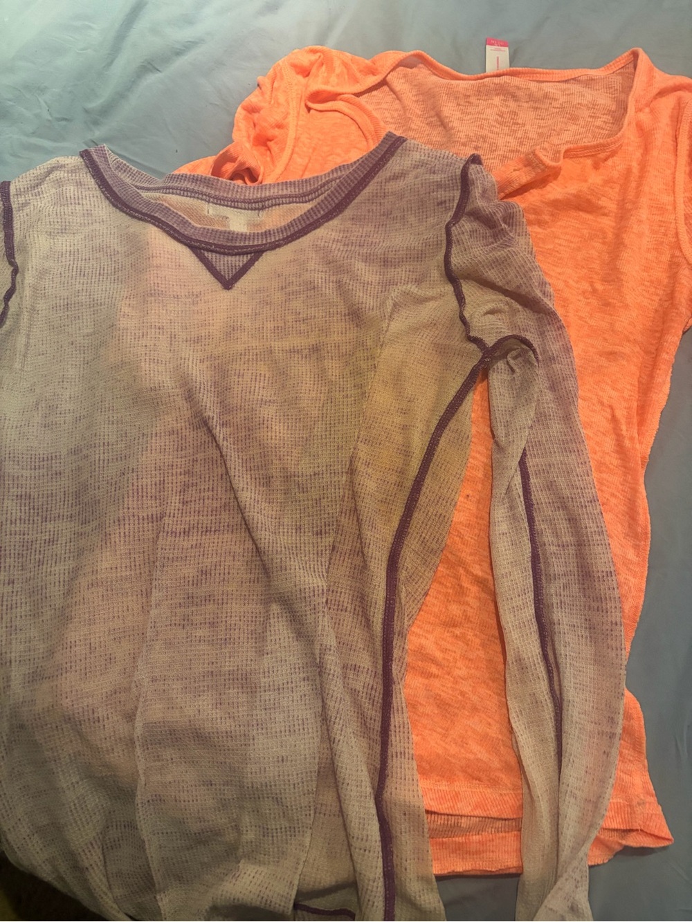 Sheer Purple-Trim Top + Neon Orange Tee Duo layering Henleys